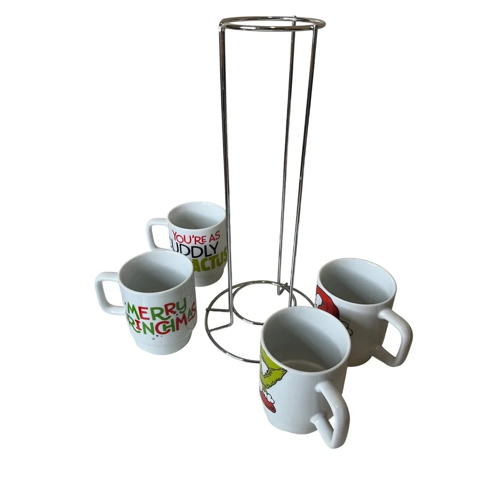 Dr. Seuss The Grinch Christmas Holiday Set Of 4 Mugs Stacker w/ Rack Holiday